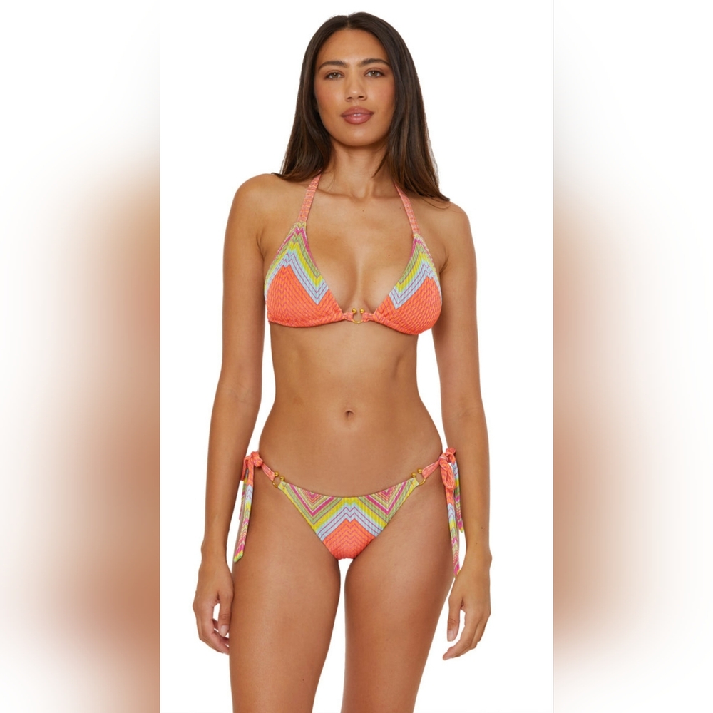 BECCA Summer Sunrise Metalic Triangle Multicolor Striped Bikini SET Swim Size L